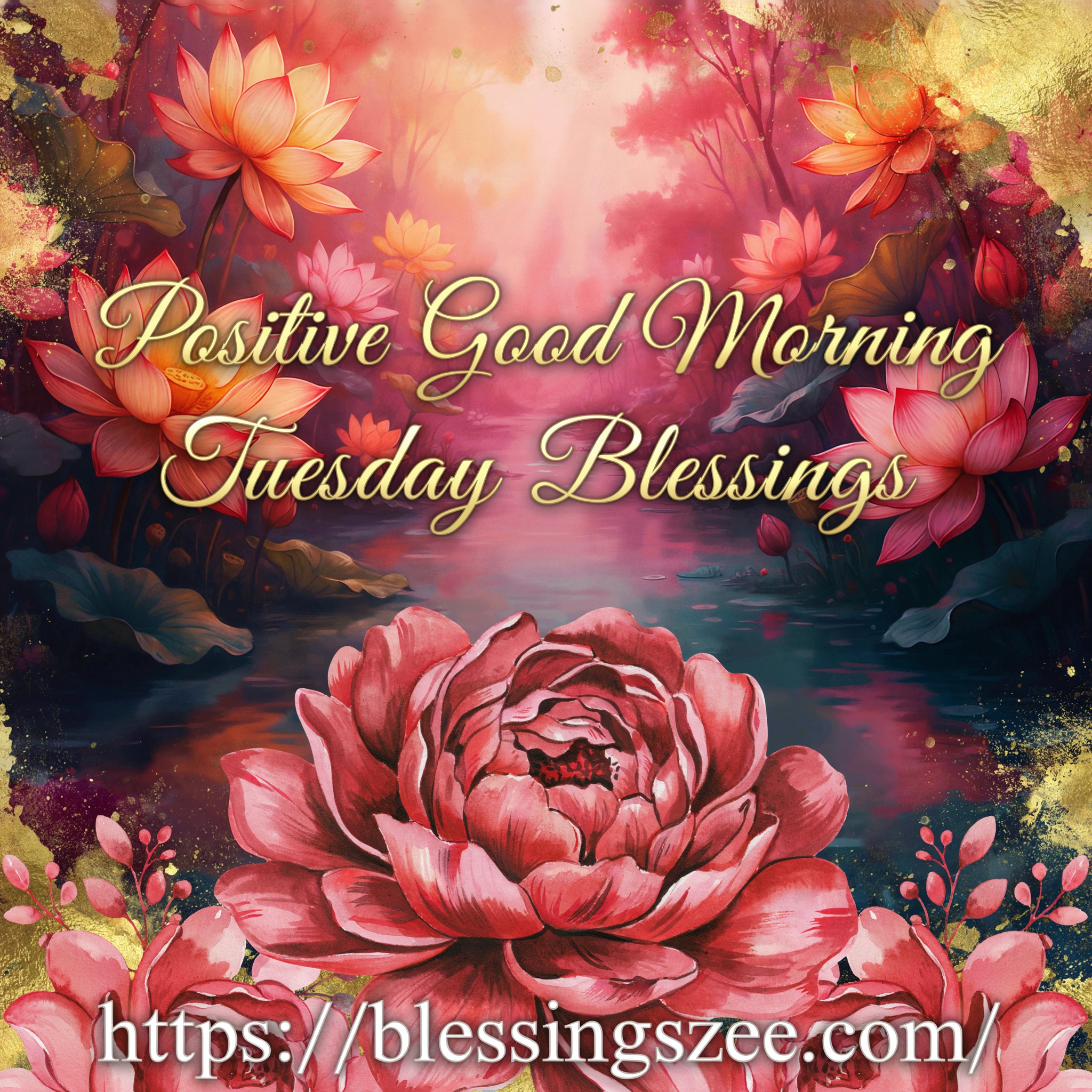 Give me a picture where it should be written “Positive Good Morning Tuesday Blessings” Beautifully for https://blessingszee.com/ make it very unique and beautiful with rich colour combination and prety images
