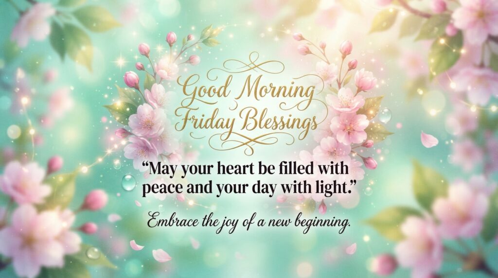 Give me a picture where it should be written “Good Morning Friday Blessings” Beautifully for https:// blessingszee.com/ make it very beautiful and rare with beautiful colour combination and preety images write some quotson image according to heading ,write at least one quite in bold words , use beautiful greenish and pink colour back ground and best theme and images