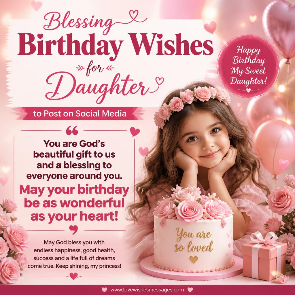 Give me a picture where it should be written “ Blessing Birthday Wishes for Daughter to Post on Social Media"
some quotson image according to heading ,write at least one quite in bold words , use beautiful  colour back ground 
and best theme and images creat it like a beautiful   greetings  to Post on Social Media of birthday for cute  daughter 's   write website name on image